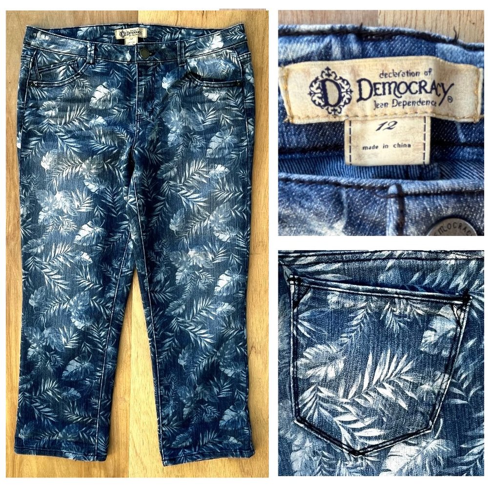 DEMOCRACY CROPPED TROPICAL PRINT Women’s Dark Wash Mid Rise Jeans sz 12